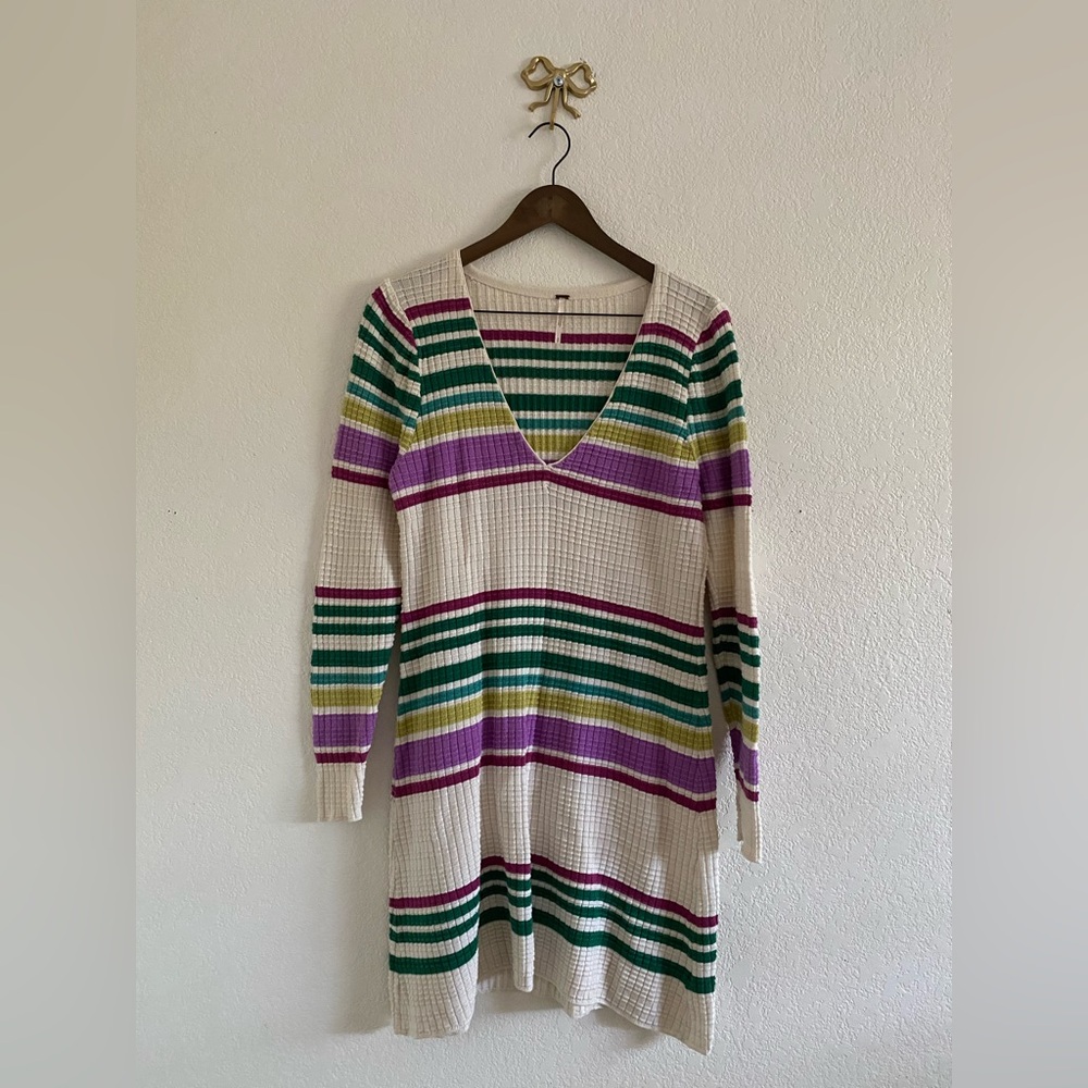 Free People Gidget Sweater Dress Ivory Combo Striped V Neck Mini Size S/P
